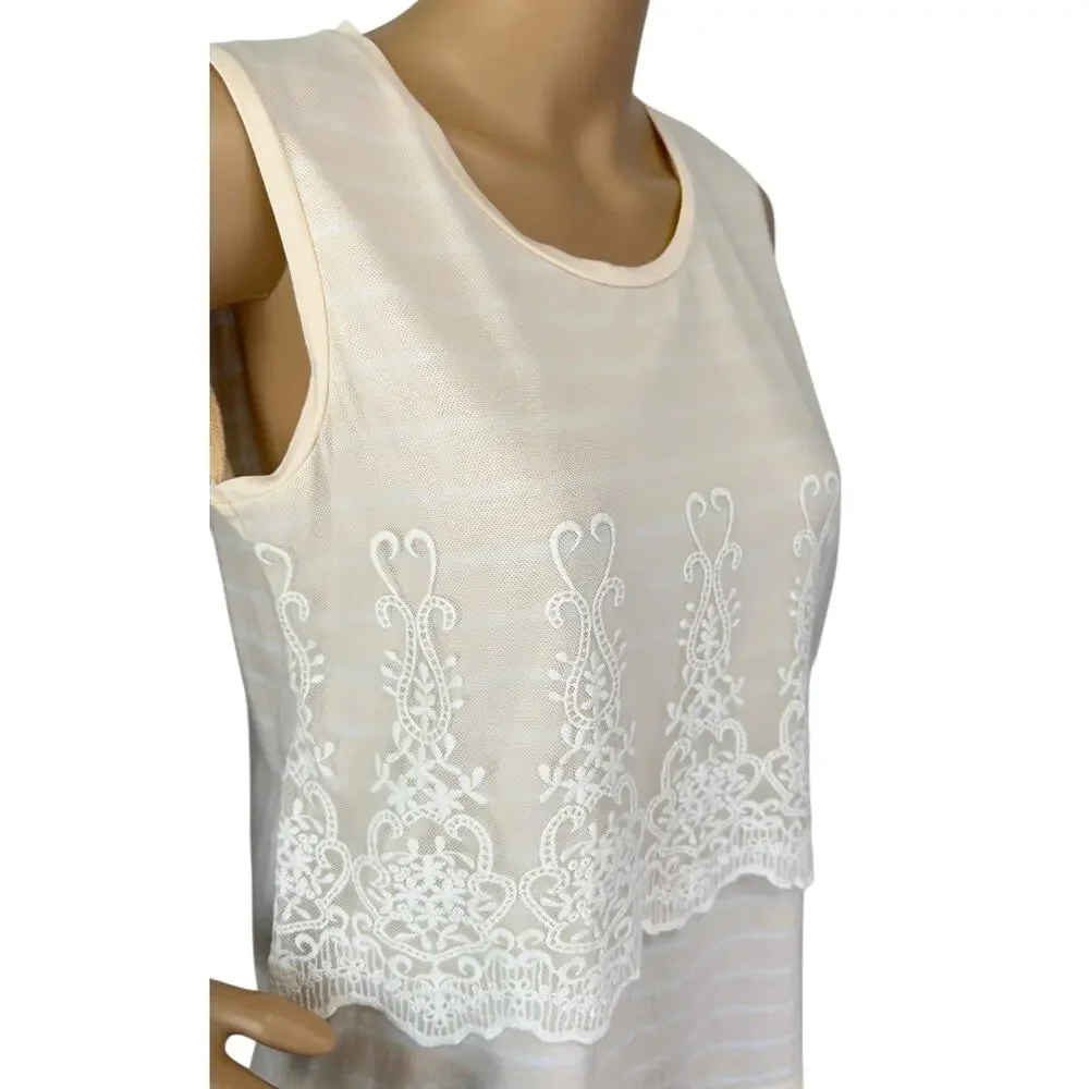 J. Crew Embroidered Overlay Striped Tank Top Peach Cream J2969 Size S